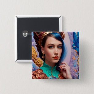 Badge Carré 5 Cm Princesse avec tenue turquoise décorative