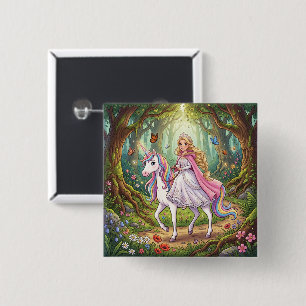 Badge Carré 5 Cm Princesse de dessin animé chevauchant la licorne