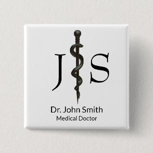 Badge Carré 5 Cm Professionnel Médical Simple Asclepius Noir Blanc