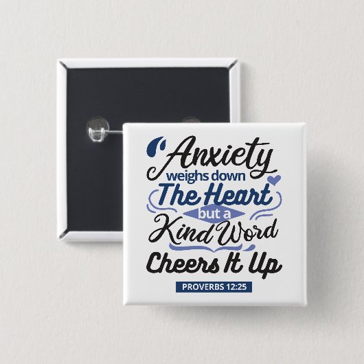 Badge Carré 5 Cm Proverbs 12:25 Bible Verse – Kind Word Art (Devant & derrière)