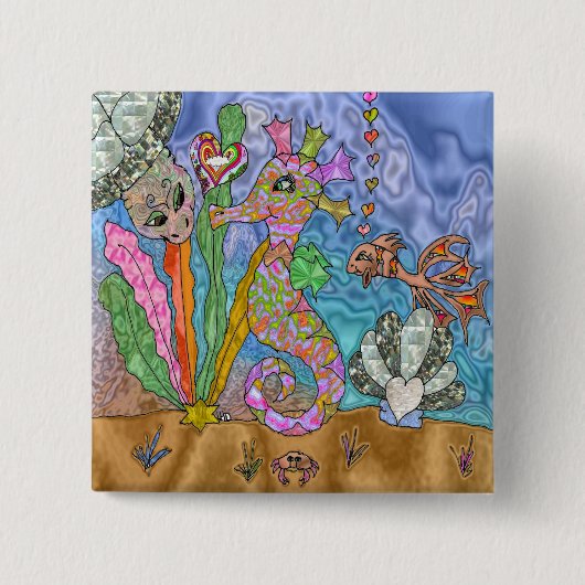 Badge Carré 5 Cm Psychedelic Seahorse Sea Turtle Art (Devant)