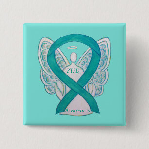 Badge Carré 5 Cm PTSD Sensibilisation Ruban Angle Turquoise Peintur