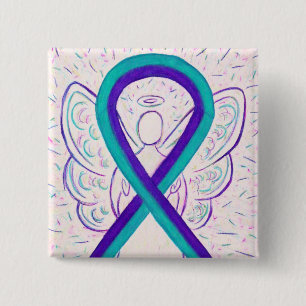 Badge Carré 5 Cm Purple and Teal Awareness Ribbon Angel Button Pin