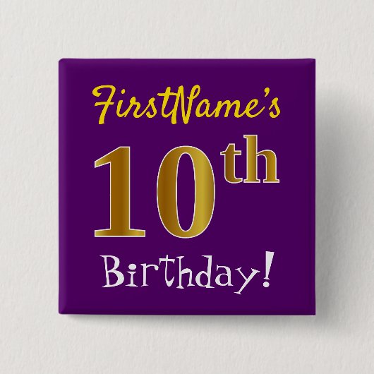 Badge Carré 5 Cm Purple, Faux Gold 10e Anniversaire, Avec Nom Perso (Devant)