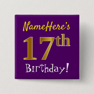 Badge Carré 5 Cm Purple, Faux Gold 17ème Anniversaire, Avec Nom Per