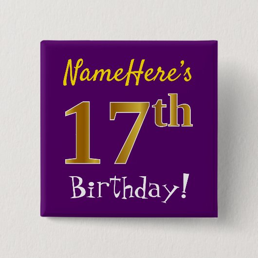 Badge Carré 5 Cm Purple, Faux Gold 17ème Anniversaire, Avec Nom Per (Devant)