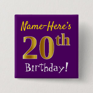 Badge Carré 5 Cm Purple, Faux Gold 20e Anniversaire, Avec Nom Perso