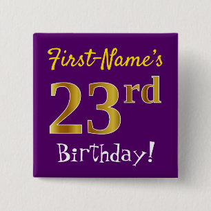 Badge Carré 5 Cm Purple, Faux Gold 23ème anniversaire, Avec Nom Per