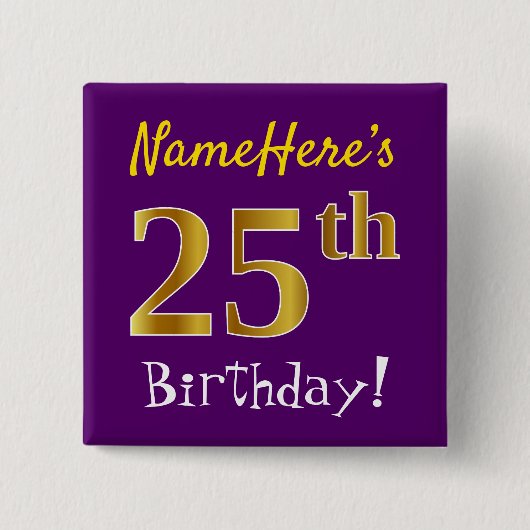 Badge Carré 5 Cm Purple, Faux Gold 25e Anniversaire, Avec Nom Perso (Devant)