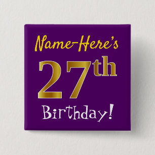 Badge Carré 5 Cm Purple, Faux Gold 27ème Anniversaire, Avec Nom Per