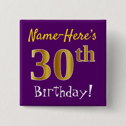 Badge Carré 5 Cm Purple, Faux Gold 30th Birthday, With Custom (Devant)