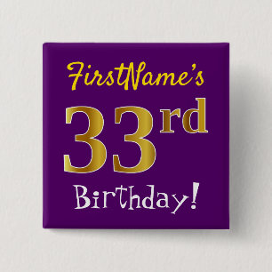 Badge Carré 5 Cm Purple, Faux Gold 33ème anniversaire, Avec Nom Per