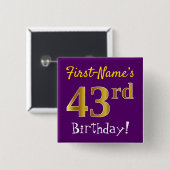 Badge Carré 5 Cm Purple, Faux Gold 43ème Anniversaire, Avec Nom Per (Devant & derrière)