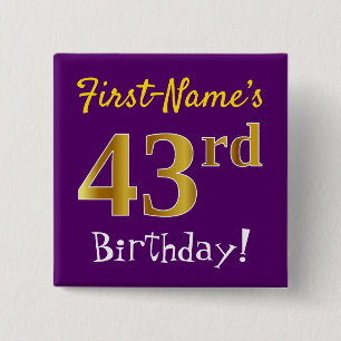 Badge Carré 5 Cm Purple, Faux Gold 43ème Anniversaire, Avec Nom Per