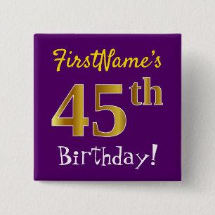 Badge Carré 5 Cm Purple, Faux Gold 45e Anniversaire, Avec Nom Perso