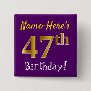 Badge Carré 5 Cm Purple, Faux Gold 47ème Anniversaire, Avec Nom Per