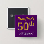 Badge Carré 5 Cm Purple, Faux Gold 50e Anniversaire, Avec Nom Perso (Devant & derrière)