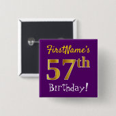 Badge Carré 5 Cm Purple, Faux Gold 57e Anniversaire, Avec Nom Perso (Devant & derrière)