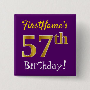 Badge Carré 5 Cm Purple, Faux Gold 57e Anniversaire, Avec Nom Perso