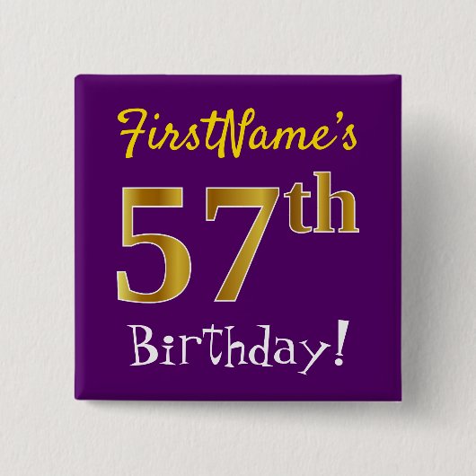 Badge Carré 5 Cm Purple, Faux Gold 57e Anniversaire, Avec Nom Perso (Devant)