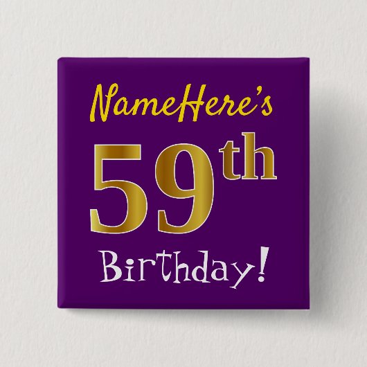 Badge Carré 5 Cm Purple, Faux Gold 59e Anniversaire, Avec Nom Perso (Devant)