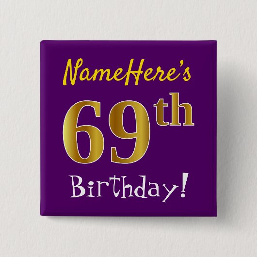 Badge Carré 5 Cm Purple, Faux Gold 69e Anniversaire, Avec Nom Perso (Devant)