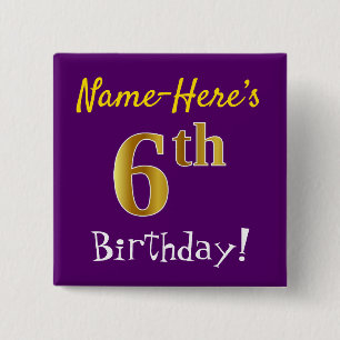 Badge Carré 5 Cm Purple, Faux Gold 6e anniversaire, avec nom person