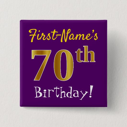 Badge Carré 5 Cm Purple, Faux Gold 70e Anniversaire, Avec Nom Perso (Devant)