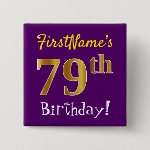 Badge Carré 5 Cm Purple, Faux Gold 79e Anniversaire, Avec Nom Perso