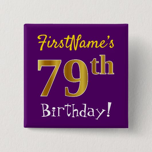 Badge Carré 5 Cm Purple, Faux Gold 79e Anniversaire, Avec Nom Perso (Devant)