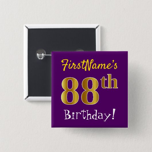 Badge Carré 5 Cm Purple, Faux Gold 88ème Anniversaire, Avec Nom Per (Devant & derrière)