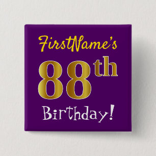 Badge Carré 5 Cm Purple, Faux Gold 88ème Anniversaire, Avec Nom Per