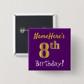Badge Carré 5 Cm Purple, Faux Gold 8e anniversaire, avec nom person (Devant & derrière)