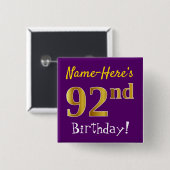 Badge Carré 5 Cm Purple, Faux Gold 92e Anniversaire, Avec Nom Perso (Devant & derrière)