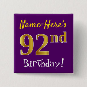 Badge Carré 5 Cm Purple, Faux Gold 92e Anniversaire, Avec Nom Perso
