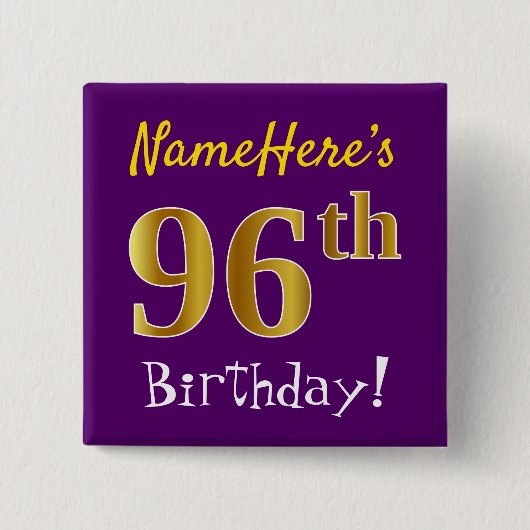Badge Carré 5 Cm Purple, Faux Gold 96e Anniversaire, Avec Nom Perso (Devant)
