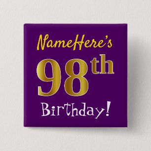Badge Carré 5 Cm Purple, Faux Gold 98ème Anniversaire, Avec Nom Per