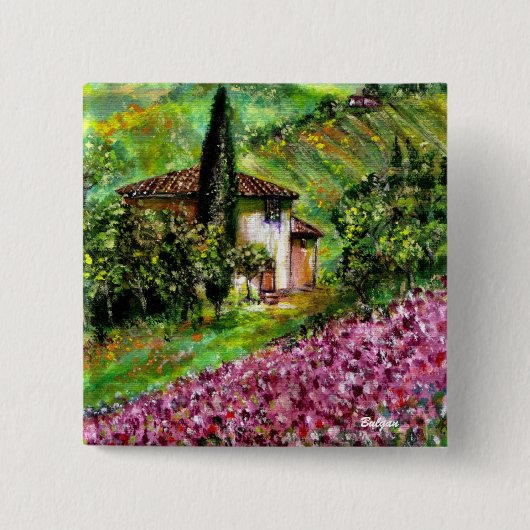BADGE CARRÉ 5 CM PURPLE IRISES DANS LE PAYSAGE VERT TUSCANY (Devant)