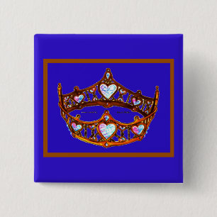 Badge Carré 5 Cm Queen Hearts Gold Crown Tiara bleu violet pin
