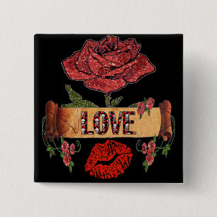 Badge Carré 5 Cm RAB Rockabilly Valentine Roses, Love & Lipstick