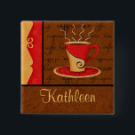 Badge Carré 5 Cm Red Brown Gold Espresso Coffee Art Nom personnalis<br><div class="desc">Un amateur de café appréciera cette épingle d'insigne du nom avec une tasse de café rouge et or fantaisie sur un arrière - plan de script brun avec des mots et des termes de café assortis. C'est parfait pour les réunions ou pour travailler avec du café. Le design est composé...</div>