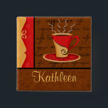 Badge Carré 5 Cm Red Brown Gold Espresso Coffee Art Nom personnalis<br><div class="desc">Un amateur de café appréciera cette épingle d'insigne du nom avec une tasse de café rouge et or fantaisie sur un arrière - plan de script brun avec des mots et des termes de café assortis. C'est parfait pour les réunions ou pour travailler avec du café. Le design est composé...</div>