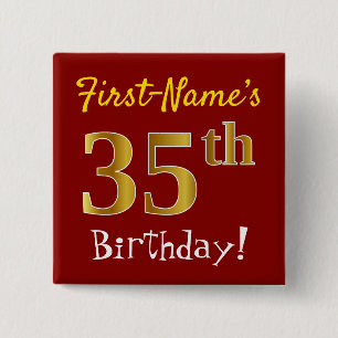 Badge Carré 5 Cm Red, Faux Gold 35th Birthday, With Custom Name