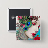 Badge Carré 5 Cm Red Lips et Rose Peacock Abstrait (Devant & derrière)
