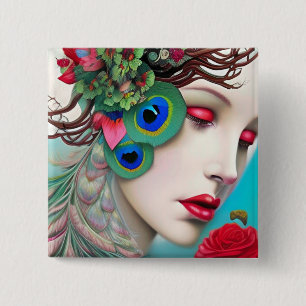 Badge Carré 5 Cm Red Lips et Rose Peacock Abstrait