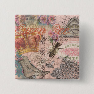 Badge Carré 5 Cm Reine Abeille Vintage Beau Collage