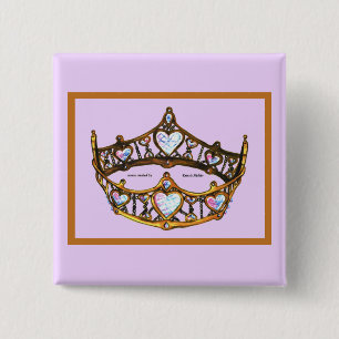 Badge Carré 5 Cm Reine des Coeurs Couronne or jaune Tiara lilas ros