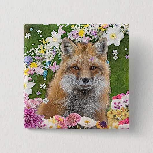 Badge Carré 5 Cm Renard fleuri (Devant)