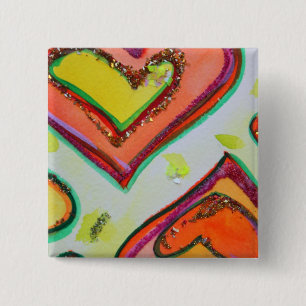 Badge Carré 5 Cm Rire deux coeurs Boutons d'art ou des broches d'or