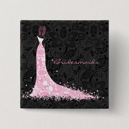 Badge Carré 5 Cm Robe noire blanche et rose Mariage & dentelle Vint (Devant)